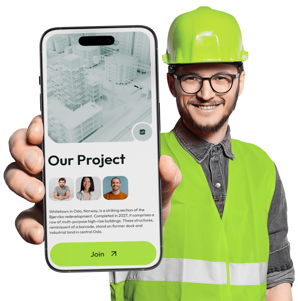 Smilende håndverker i vernevest og hjelm som viser OnSite-appen på mobilen